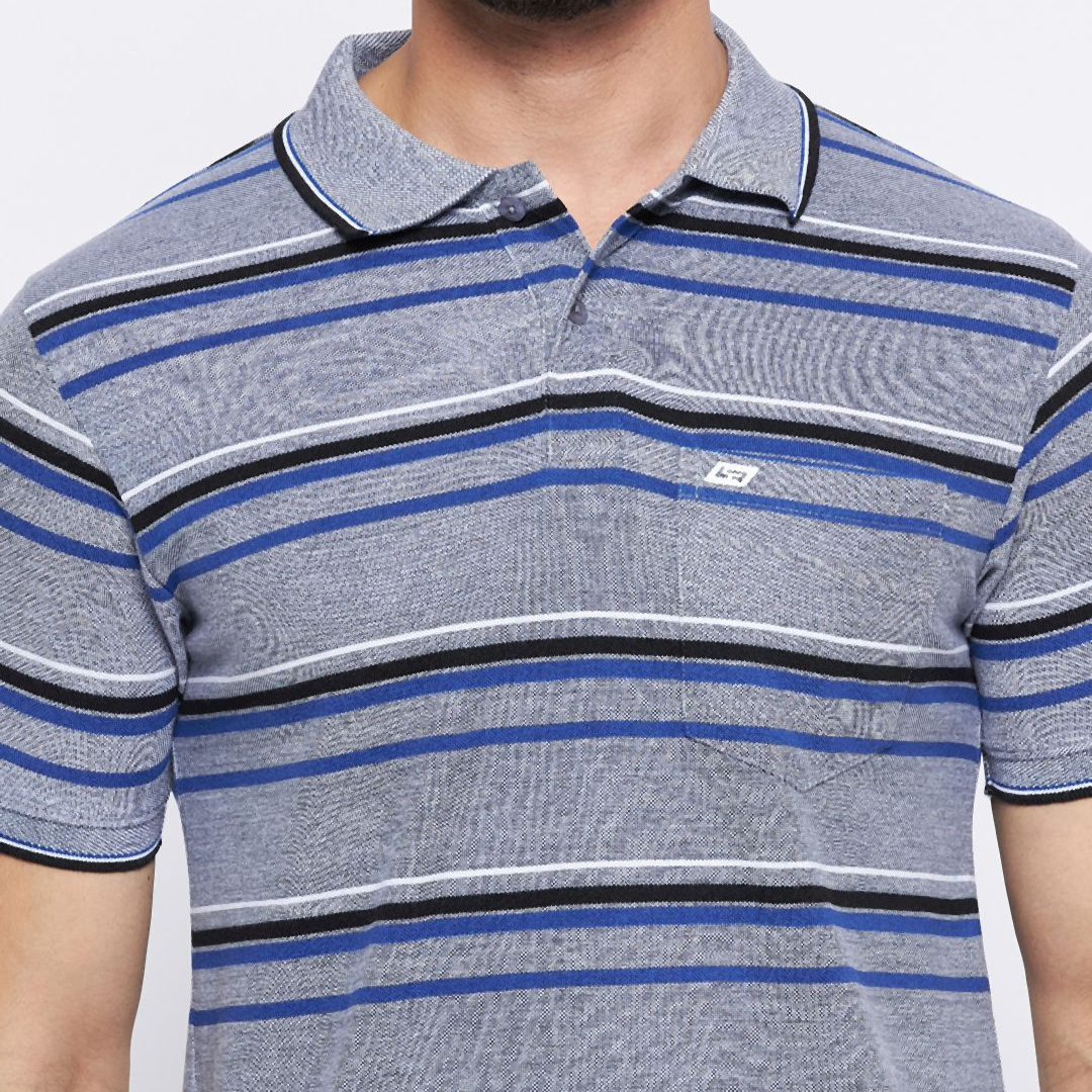 Neva Men Polo Neck Half Sleeves T-shirt Striped Pattern Chest Pocket