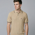 Men Camel Brown Self Design Collar Half Sleeve T-Shirt