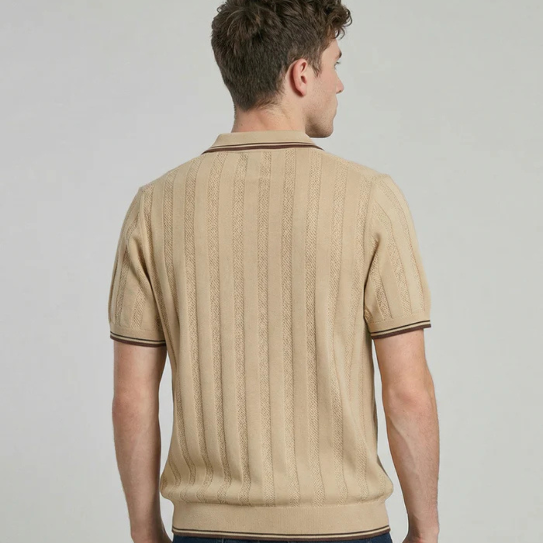 Men Camel Brown Self Design Collar Half Sleeve T-Shirt