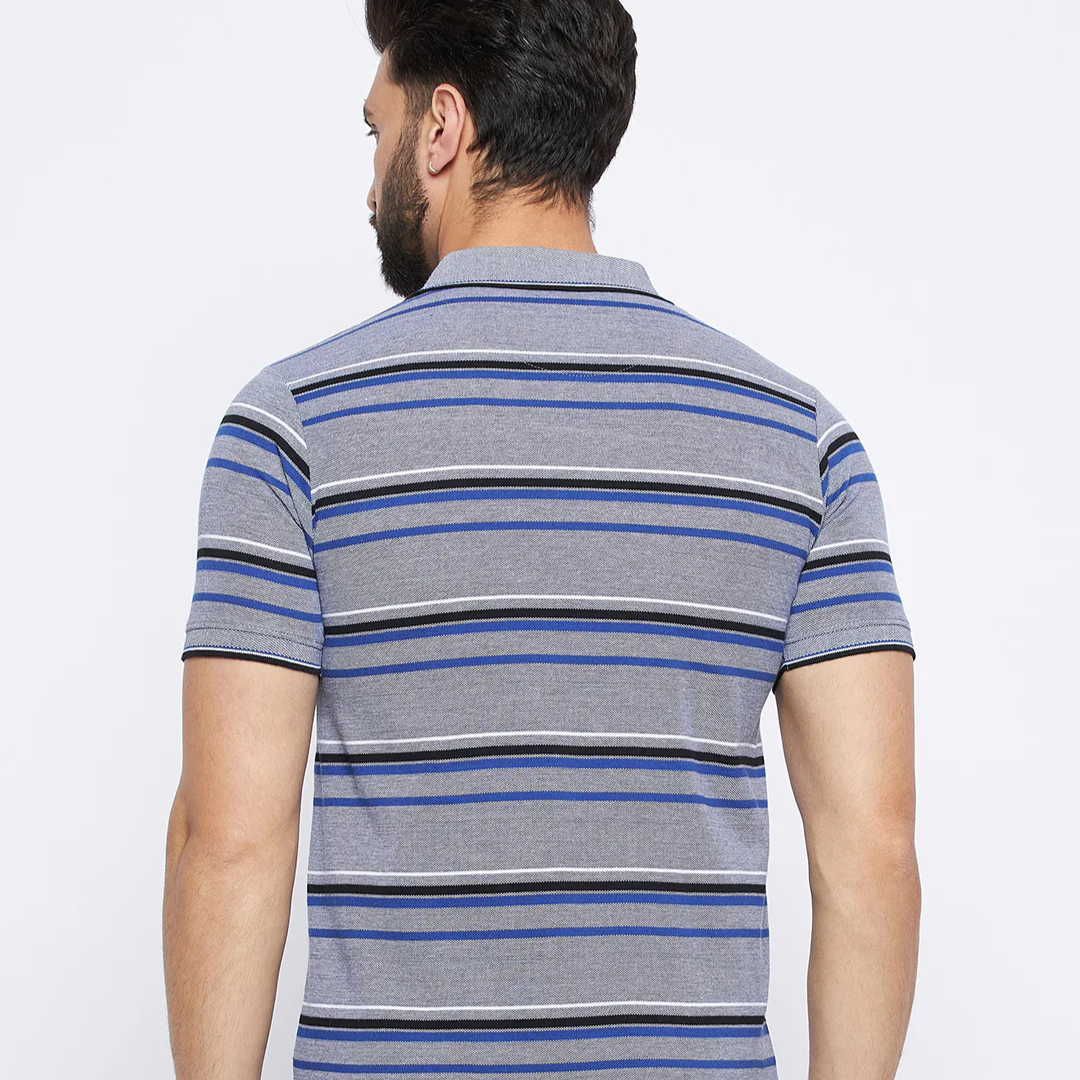 Neva Men Polo Neck Half Sleeves T-shirt Striped Pattern Chest Pocket