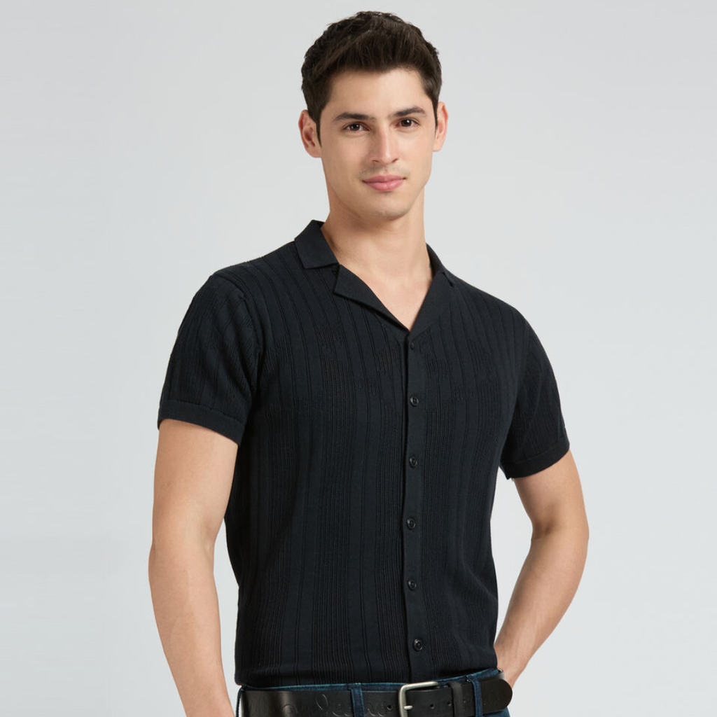 Black Resort Collar Short Sleeve Flat Knit Shirt
