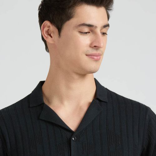 Black Resort Collar Short Sleeve Flat Knit Shirt