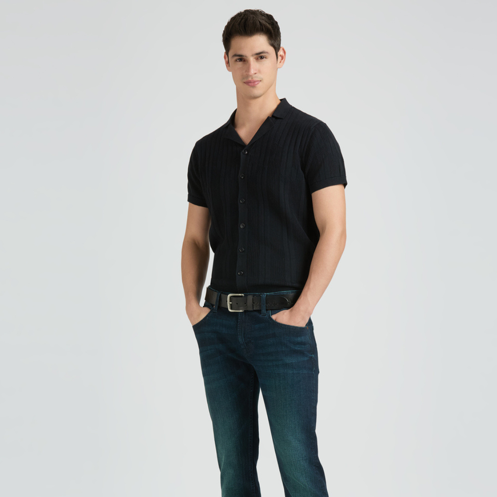 Black Resort Collar Short Sleeve Flat Knit Shirt
