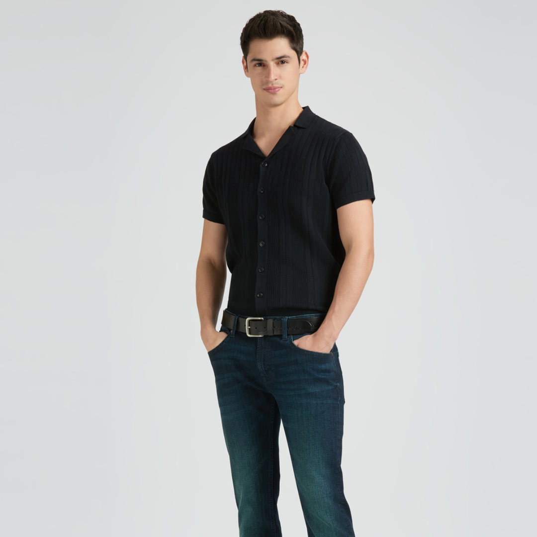 Black Resort Collar Short Sleeve Flat Knit Shirt