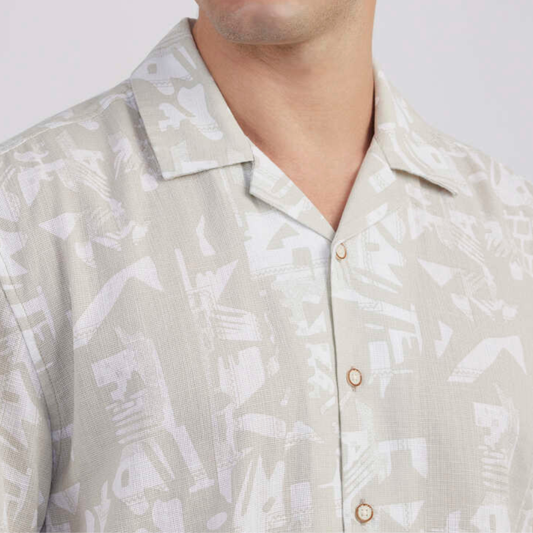 Men Beige Resort Collar Abstract Print Short Sleeve Shirt