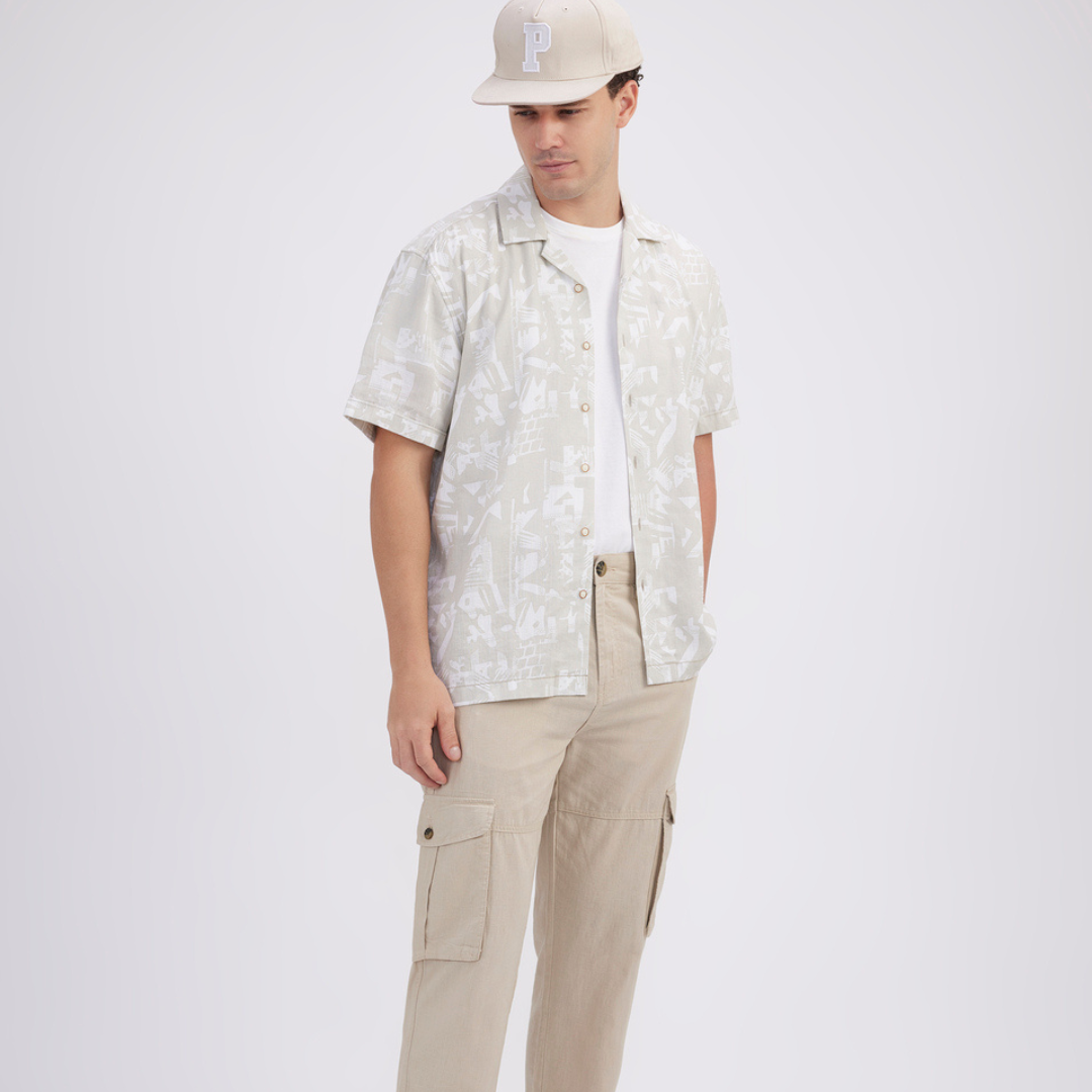 Men Beige Resort Collar Abstract Print Short Sleeve Shirt