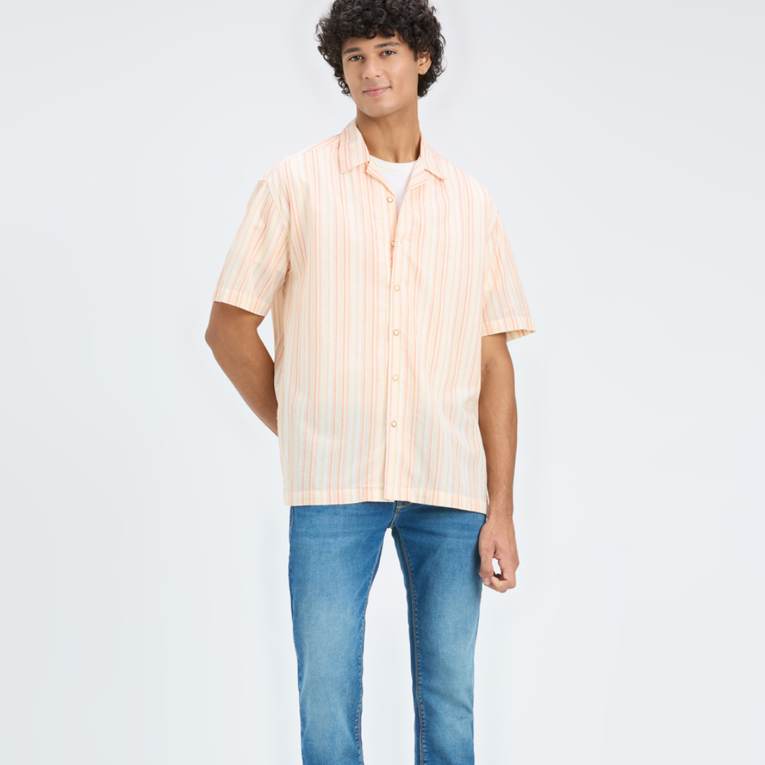 Men Orange Resort Collar Relaxed Fit Short Sleeve Shirt