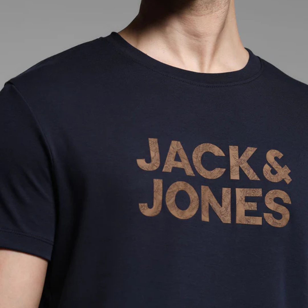 NAVY BLUE JACK & JONES LOGO PRINT COTTON T-SHIRT