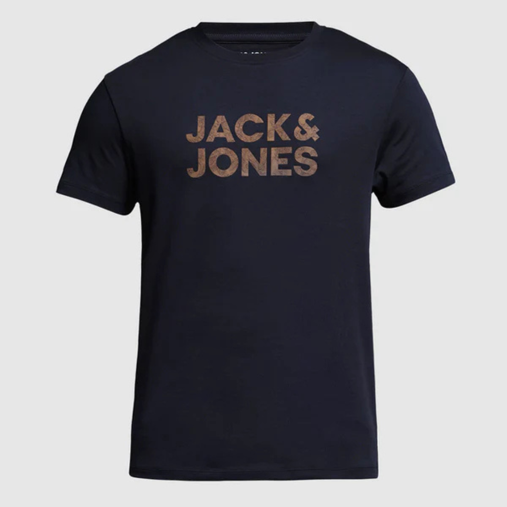 NAVY BLUE JACK & JONES LOGO PRINT COTTON T-SHIRT