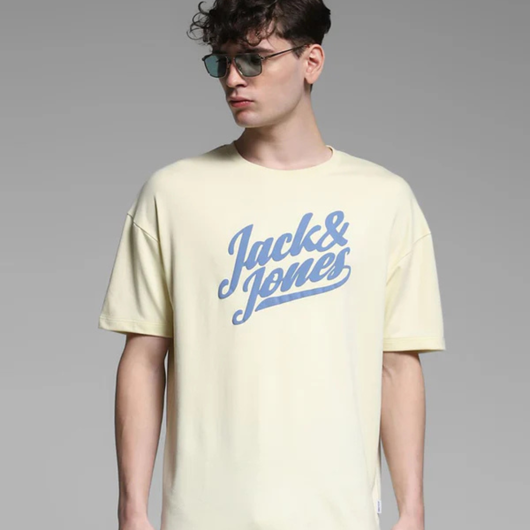 YELLOW JACK & JONES LOGO PRINT CREW NECK T-SHIRT