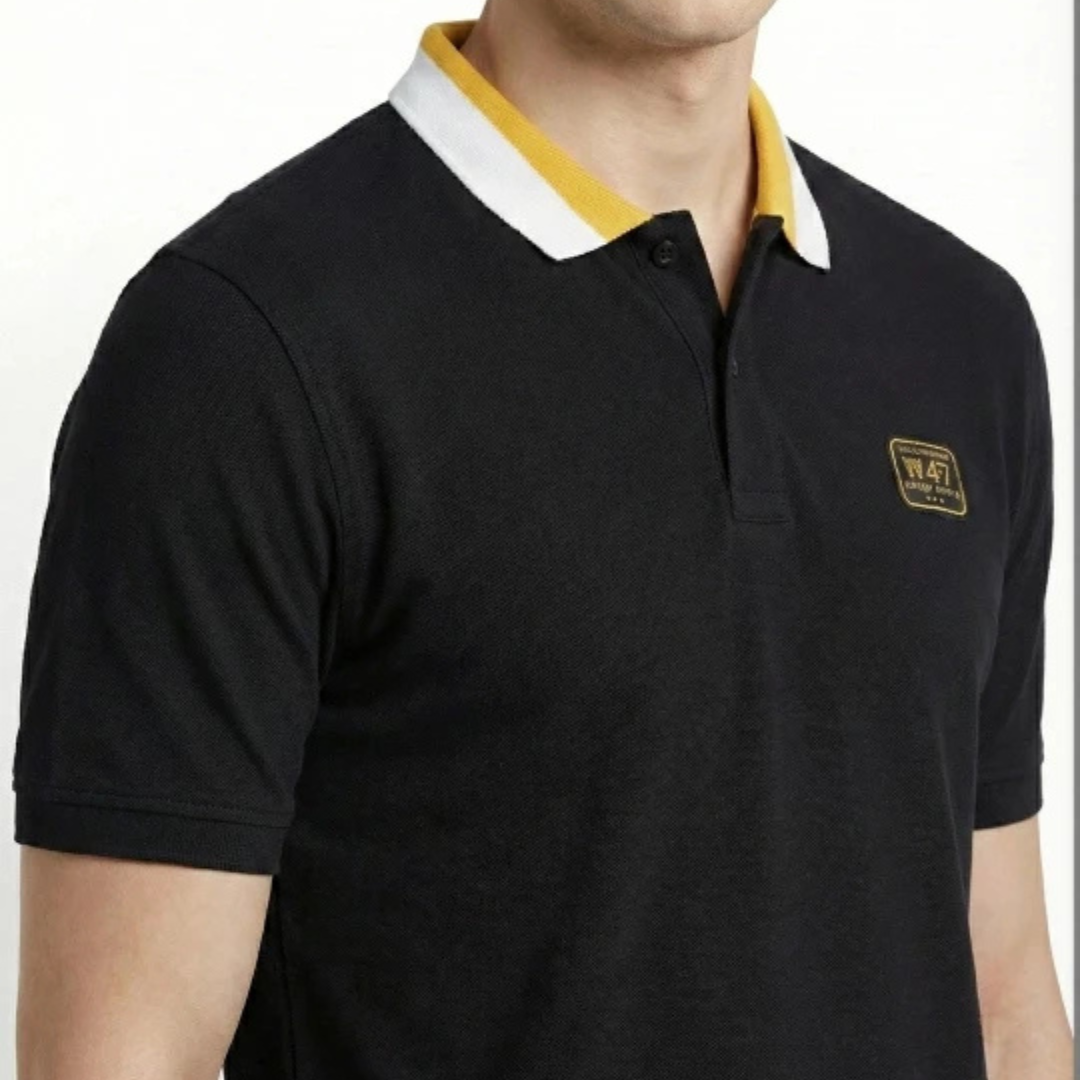 Wrangler Men Solid Black Polo Neck Regular Fit Tshirt