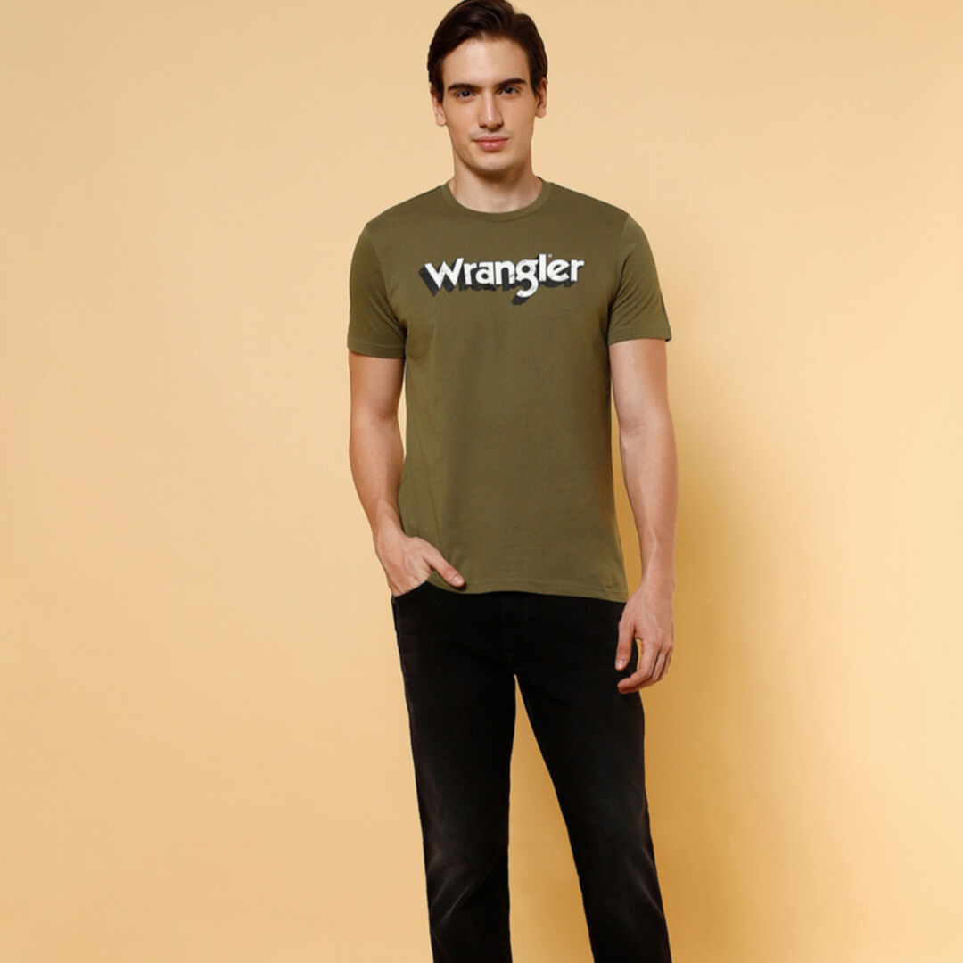 Men Wrangler Logo Green Crew Neck Regular Fit Tshirt