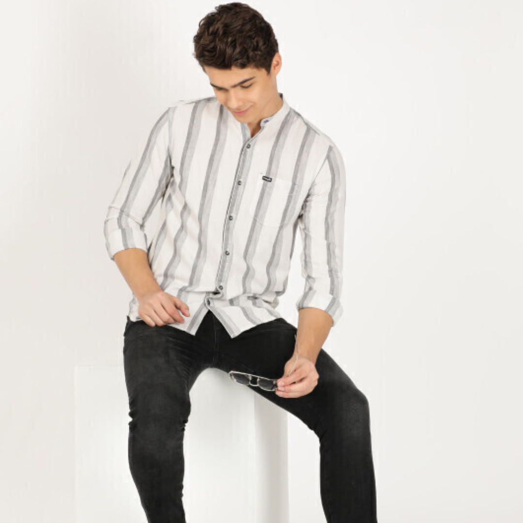 Wrangler Men Striped Grey Regular Fit Shirt