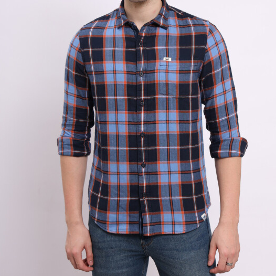 Lee Men Checked Blue Slim Fit Shirts